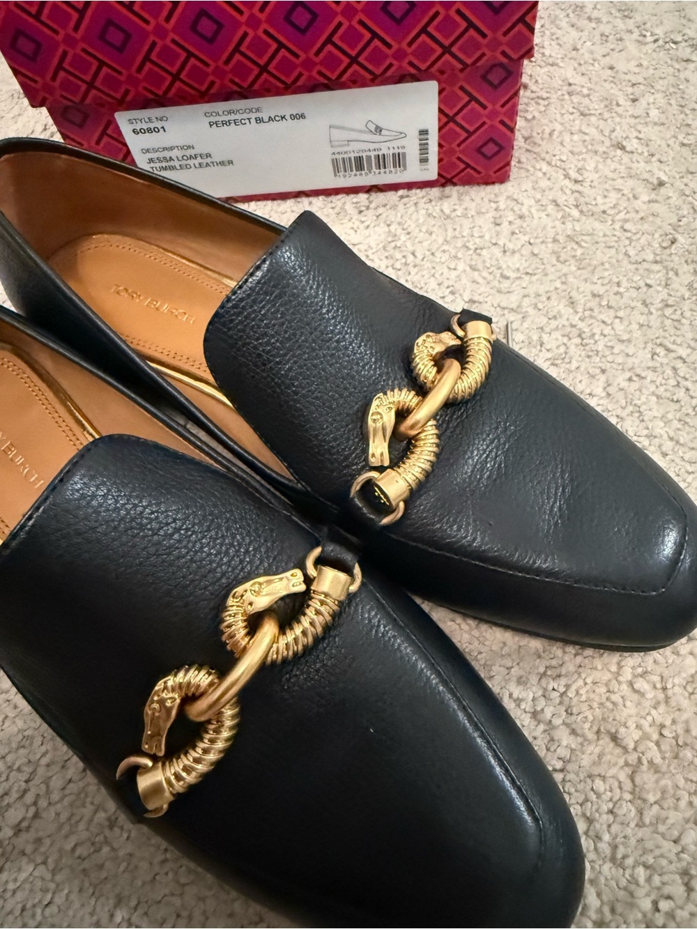 Tory Burch Black Leather Women's Loafers with Gold Chain Detail - Picture 2 of 8